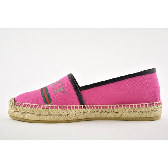 Gucci Pilar Pink Canvas Black Leather Trim GG Logo Print Flat Espadrilles 37.5 - Picture 9 of 12